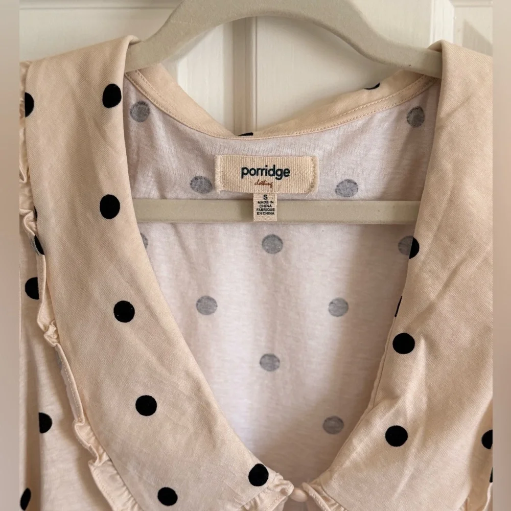 Anthropologie Beige Polka Dot Ruffle Collar Blouse